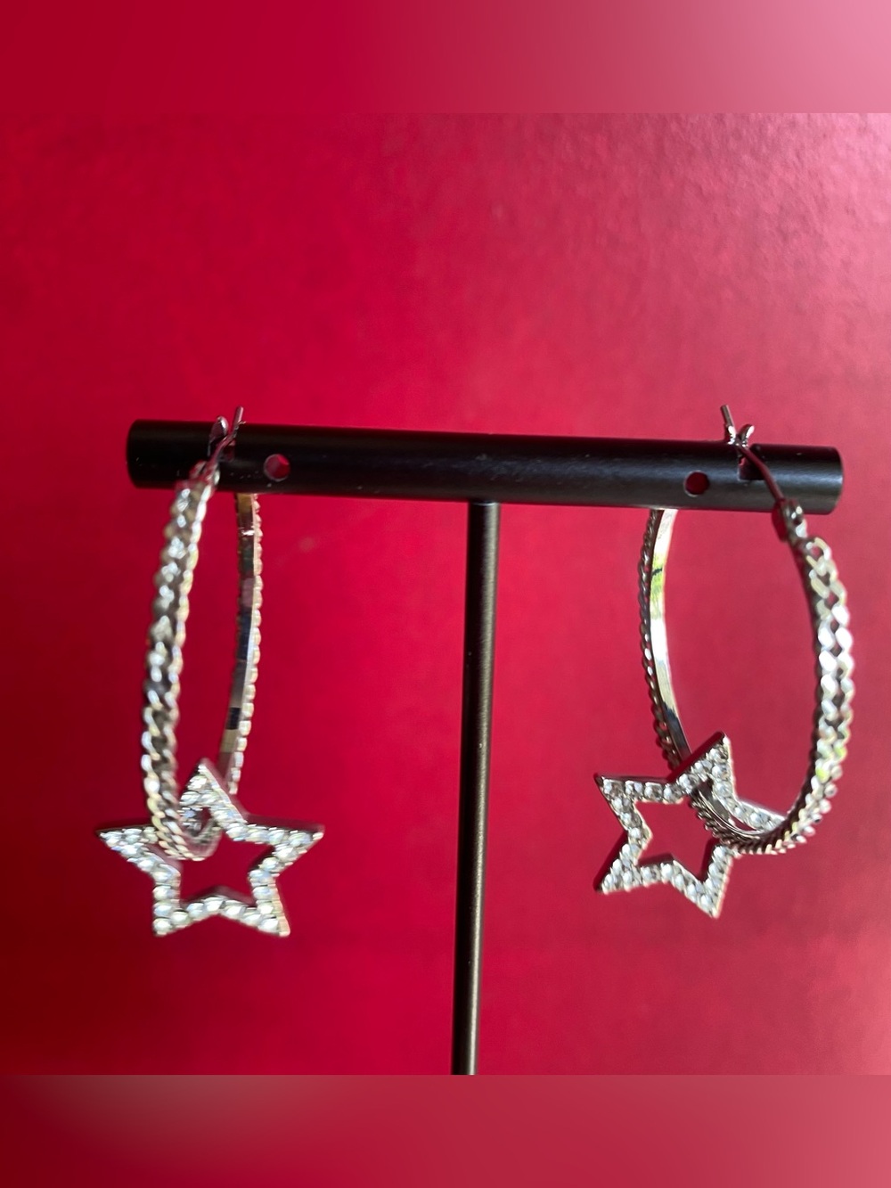 Silver crystal star charm hoop Earrings - with chain link design on the hoop